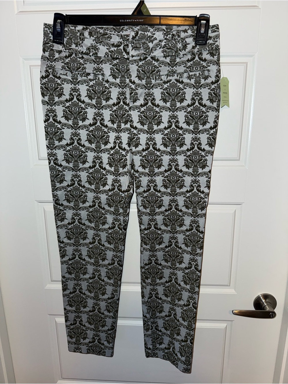 Anthropologie Olive Green and White Patterned Slim Pants